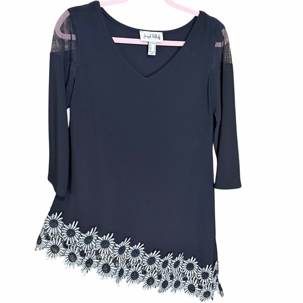 Joseph Ribkoff Black Asymmetrical Floral Hem Tunic Mesh Sleeve Top Size 8
